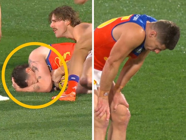 Lachie Neale (left) and Dayne Zorko both suffered head knocks. Photos: Fox Sports