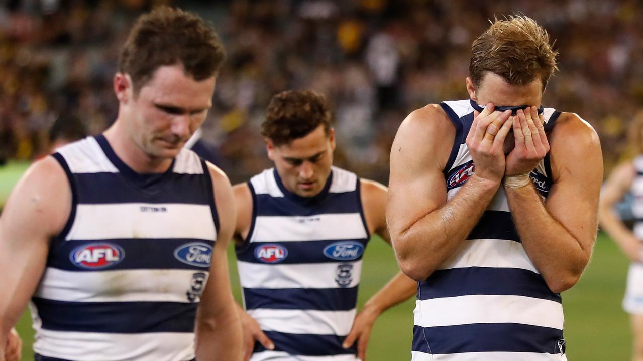 Geelong’s defence, which allowed the fewest points last AFL season, was rated 16th by Champion Data earlier this month. (Photo by Michael Willson/AFL Photos via Getty Images)