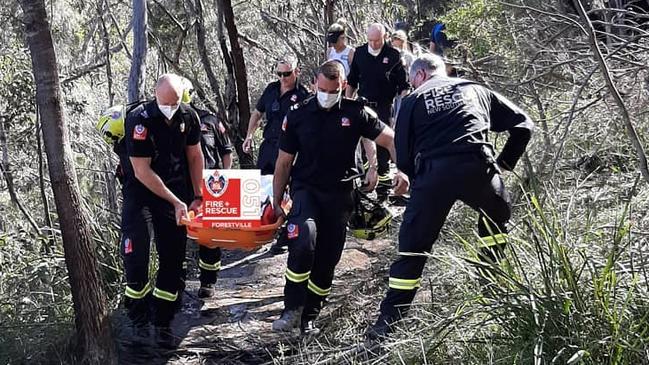 NSW Fire and Rescue; NSW Ambulance, and its Special Operations Team and; police, including a Water Police launch, were involved in the rescue of a woman, 57, who badly injured her leg while walking in the Garigal National Park at Killarney Heights on Sunday, August 16, 2020. Picture: NSW Fire and Rescue (Forestville)