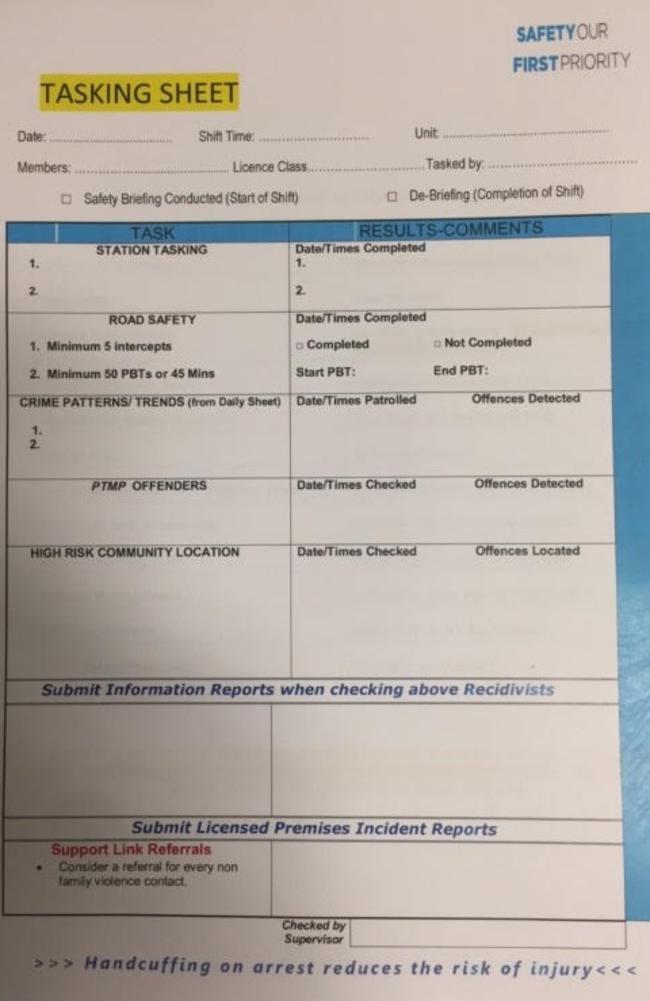 A police tasking sheet.