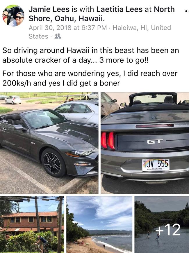  Former JML Home Constructions director Jamie Lees bragged about driving a Ford GT Mustang while on holiday in Hawaii. Picture: Facebook