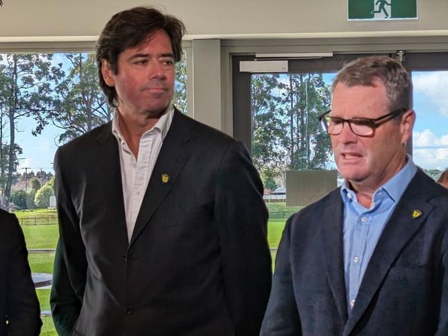 AFL chief executive Gillon McLachlan with Tasmanian AFL Club’s inaugural chair Grant O'Brien at Dial Park, home of the Penguin Two Blues.