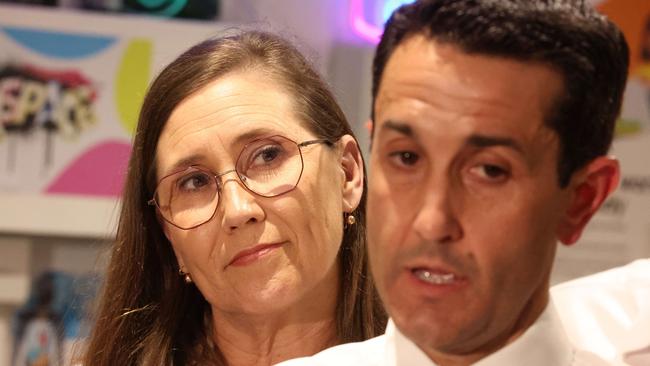 Donna Kirkland LNP candidate for Rockhampton, and Leader of the Opposition David Crisafulli during a media conference at Our Space, Stockland Rockhampton Shopping Centre. Picture: Liam Kidston.