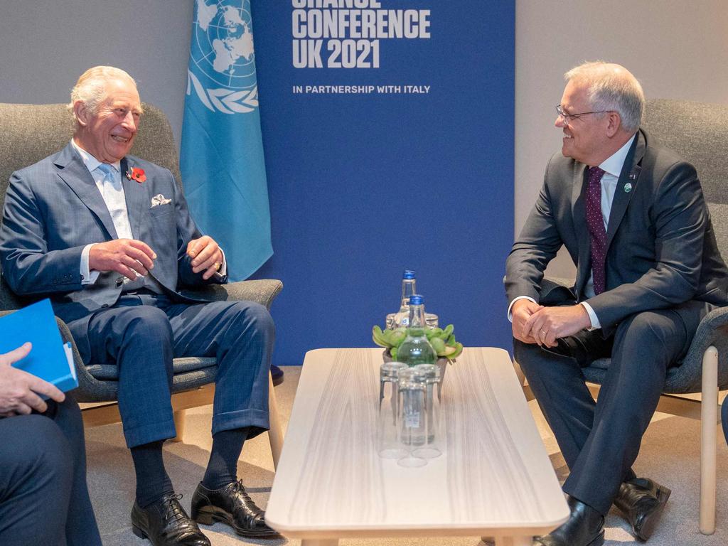 Britain's Prince Charles and Scott Morrison discuss net zero emissions.