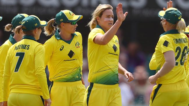 Ellyse Perry celebrates bowling Tammy Beaumont during the first ODI in Leicester.