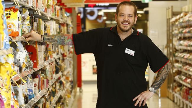Nathan Tink is one of more than 7000 new recruits employed at Coles supermarkets across Australia during the coronavirus pandemic. Picture: John Appleyard