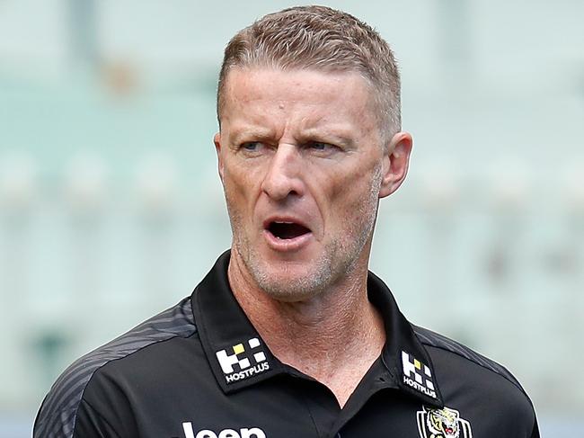 MELBOURNE, AUSTRALIA - MARCH 28: Damien Hardwick, Senior Coach of the Tigers looks on during the 2021 AFL Round 02 match between the Hawthorn Hawks and the Richmond Tigers at the Melbourne Cricket Ground on March 28, 2021 in Melbourne, Australia. (Photo by Michael Willson/AFL Photos via Getty Images)