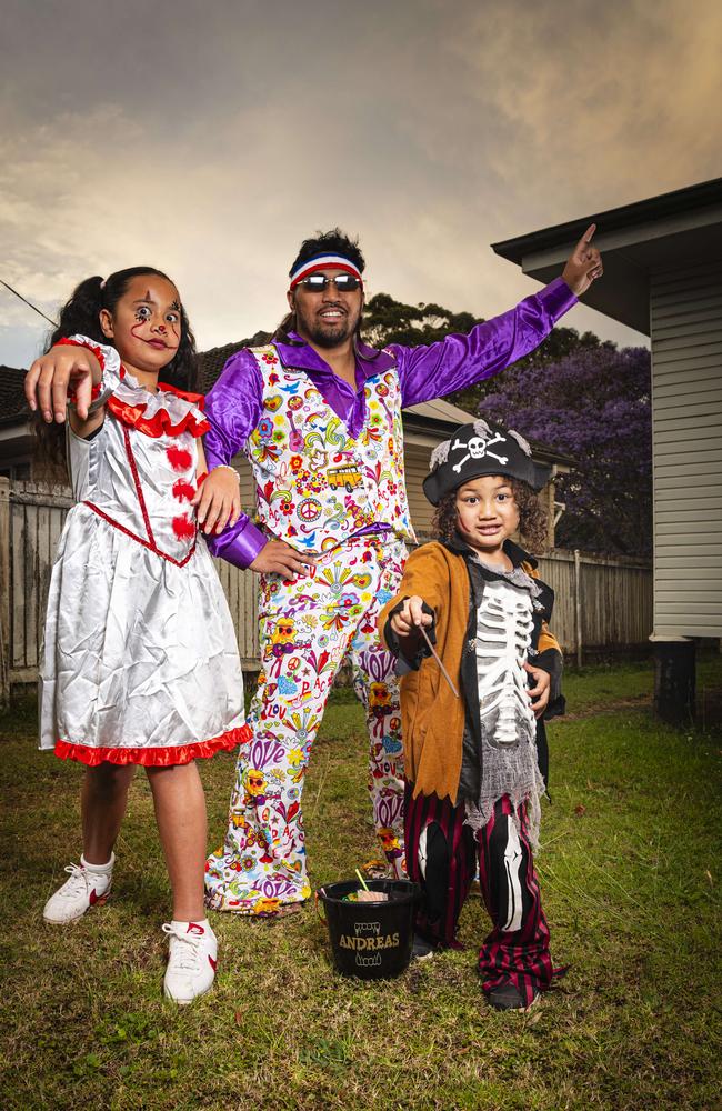 Evelyn Aumau and Andreas Janes-Siaosi with their uncle Jeremiah Pati dressed up for Halloween, Thursday, October 31, 2024. Picture: Kevin Farmer