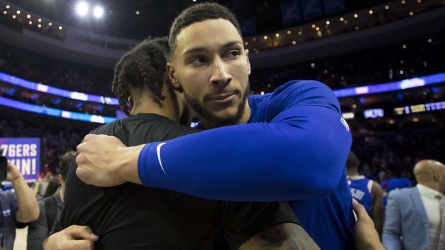 Ben Simmons hugs Brooklyn star D’Angelo Russell after his Philadelphia 76ers bundled the Nets out of the NBA playoffs. Picture: Getty Images/AFP