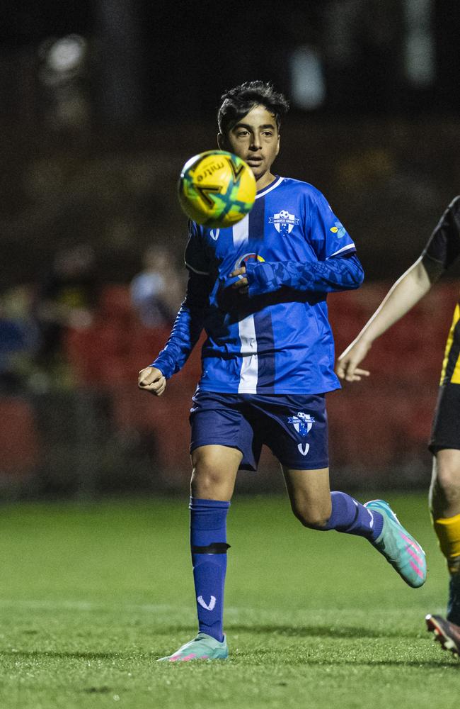 Armanj Khalaf of Rockville Rovers Blue against Football Dalby in Football Queensland Darling Downs Community Juniors U13 Div 1 White grand final at Clive Berghofer Stadium, Friday, August 30, 2024. Picture: Kevin Farmer