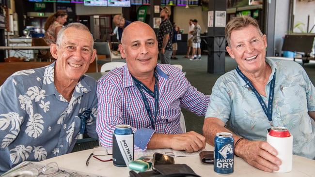 Bob Jenner, Rob Rappa and Garry Smart enjoying a beer at the track. Picture: Pema Tamang Pakhrin.