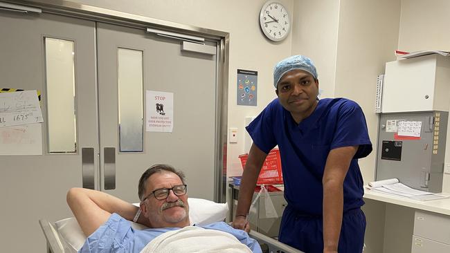 John Wriedt the first patient in Victoria to undergo the iTind procedure, with Associate Professor Sree Appu. Image: Gemma Scerri