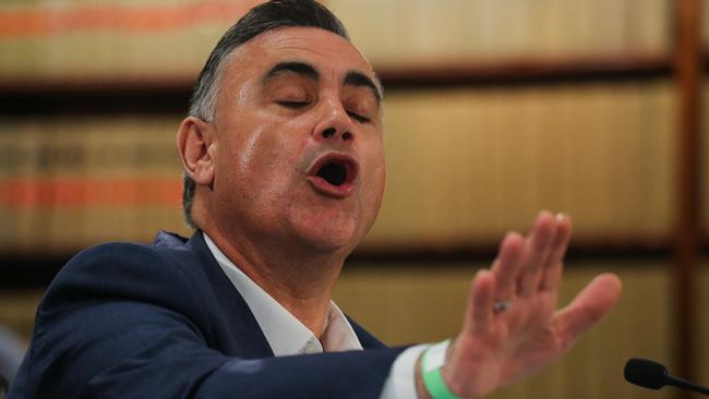 John Barilaro is questioned during the inquiry into the appointment as Senior Trade and Investment Commissioner to the Americas at NSW Parliament House in Sydney on Monday. Picture: Gaye Gerard / NCA NewsWire