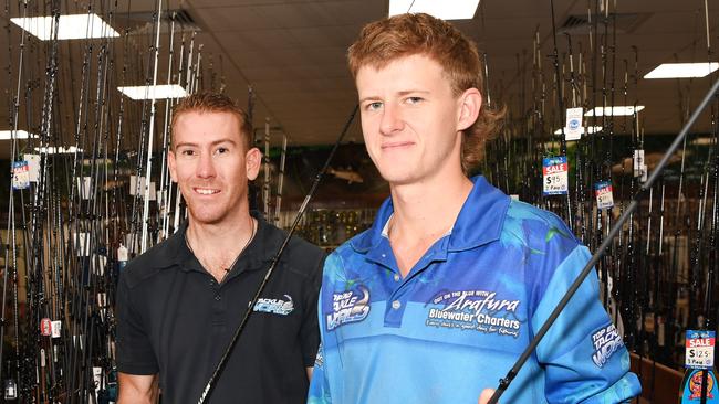 <s1>Harry Sutcliffe-Woelders, right, and Top End Tackle World owner Shane Compain with the recovered stolen rods. </s1>Picture Katrina Bridgeford