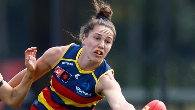 MELBOURNE, AUSTRALIA - NOVEMBER 26: Najwa Allen of the Crows and Jenna Bruton of the Kangaroos compete for the ball during the 2023 AFLW Second Preliminary Final match between The North Melbourne Tasmanian Kangaroos and The Adelaide Crows at IKON Park on November 26, 2023 in Melbourne, Australia. (Photo by Michael Willson/AFL Photos via Getty Images)