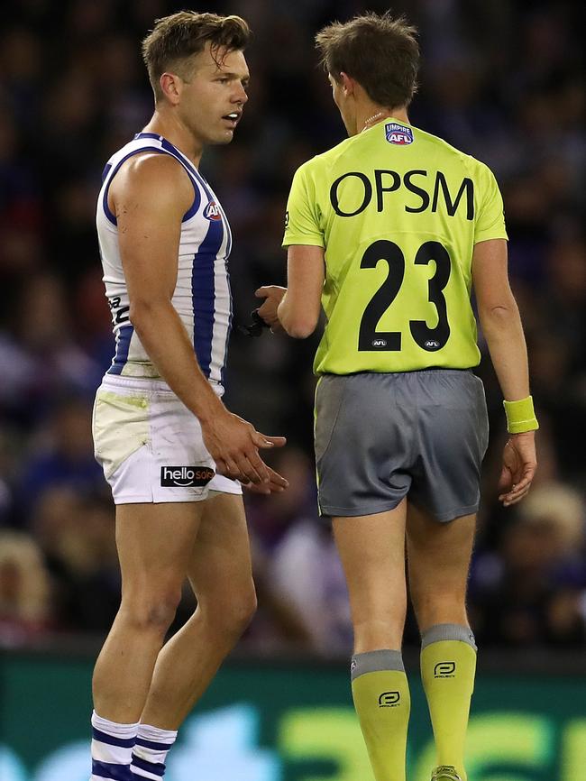 Shaun Higgins asks for an explanation from the umpire at three-quarter time. Picture: Michael Klein