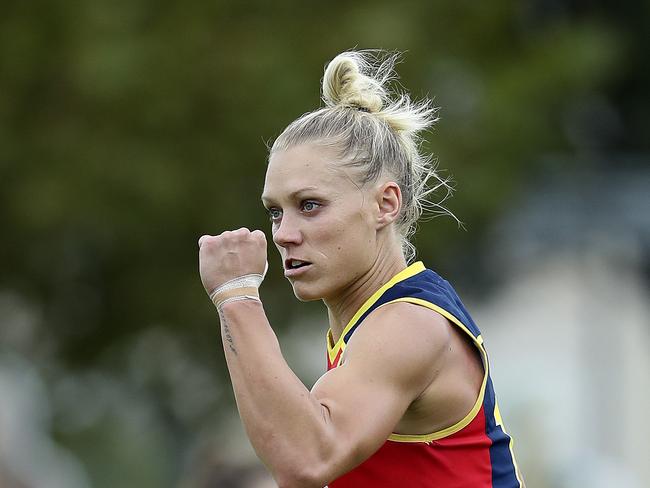 AFLW - 10/03/19 - Adelaide Crows v GWS Giants at Peter Motley Oval. Erin Phillips celebrates her goal. Picture SARAH REED.