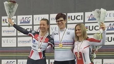 Transgender Masters cyclist Rachel McKinnon, centre.