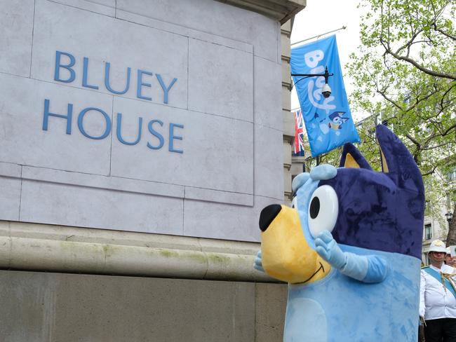 Australia's most famous cultural export, Bluey outside Australia House in central London, renamed Bluey House on Sunday, April 21, 2024. Photo: Jacquelin Magnay