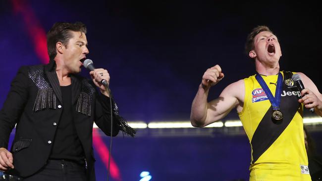 The Killers lead singer Brandon Flowers with Jack Riewoldt. Picture: Alex Coppel.