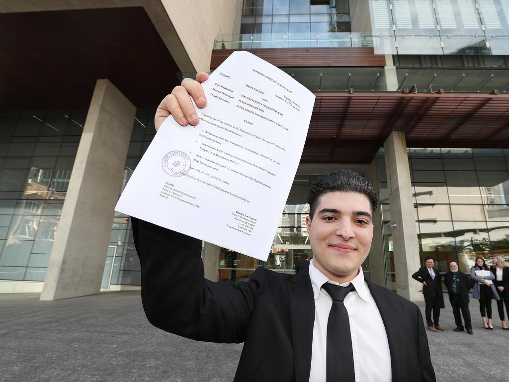 Drew Pavlou outside the Supreme Court after filing proceedings against UQ, Vice-Chancellor Peter Hoj and Chancellor Peter Varghese. Pic Annette Dew