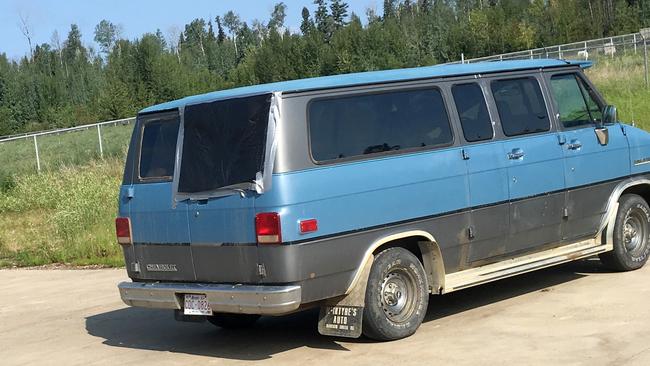 New photos of the blue Chevy van driven by Lucas Fowler and Chynna Deese reveal the back right window was smashed. Picture: Devan Boynton