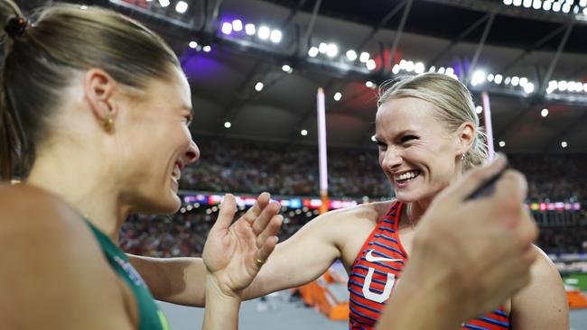 BUDAPEST, HUNGARY - AUGUST 23: Nina Kennedy of Team Australia and Katie Moon of Team United States react after competing in the Women's Pole Vault Final during day five of the World Athletics Championships Budapest 2023 at National Athletics Centre on August 23, 2023 in Budapest, Hungary. Kennedy and Moon decided to share the gold medal. (Photo by Steph Chambers/Getty Images)