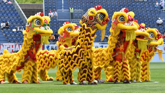 Chinese performers at the AFL China game. Picture: AAP Images