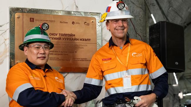 Prime Minister Oyun-Erdene Luvsannamsrai and Rio Tinto chief executive Jakob Stausholm during a ceremony marking production commencement. Picture: SeongJoon Cho/Bloomberg