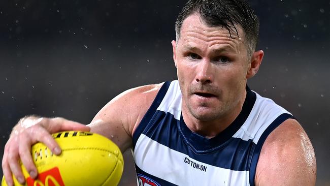 BRISBANE, AUSTRALIA - APRIL 20: Patrick Dangerfield of the Cats in action during the round nine AFL match between Brisbane Lions and Geelong Cats at The Gabba, on April 20, 2024, in Brisbane, Australia. (Photo by Albert Perez/AFL Photos via Getty Images)