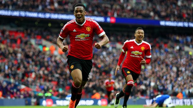 LONDON, ENGLAND - APRIL 23: Anthony Martial of Manchester United celebrates scoring his sides second goal during The Emirates FA Cup semi final match between Everton and Manchester United at Wembley Stadium on April 23, 2016 in London, England. (Photo by Paul Gilham/Getty Images)