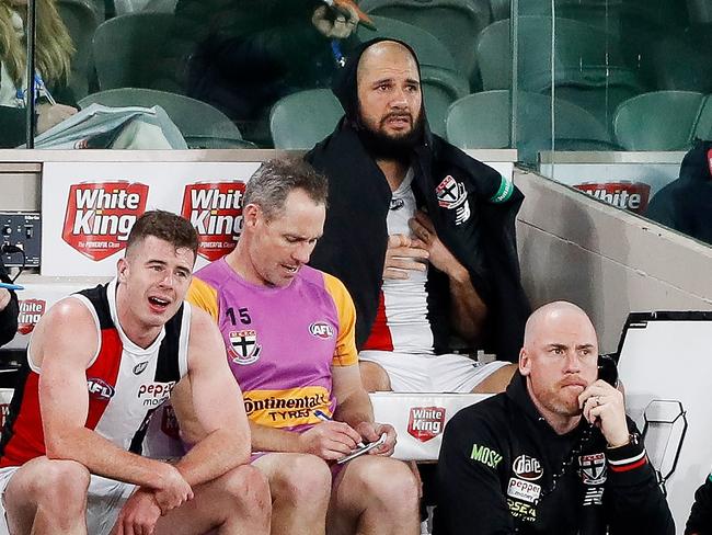 Paddy Ryder (back row) injured his calf last month. Picture: Dylan Burns/AFL Photos via Getty Images