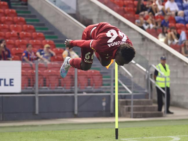 Nestory Irankunda celebrates scoring a goal for Adelaide United. Picture: Scott Gardiner/Getty Images