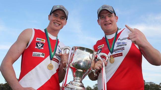 Bridgewater’s Andrew and Alexander Collins after the 2015 grand final. Picture Yuri Kouzmin