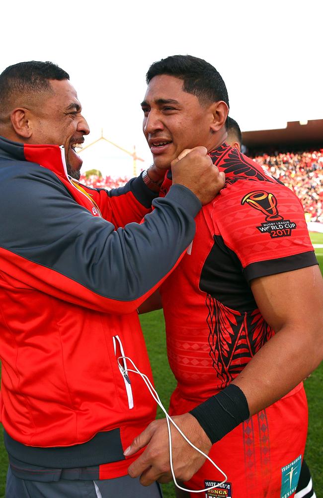 Jason Taumalolo of Tonga shows his emotion during the 2017 Rugby League World Cup match between the New Zealand Kiwis and Tonga at Waikato Stadium on November 11, 2017 in Hamilton, New Zealand. (Photo by Renee McKay/Getty Images)