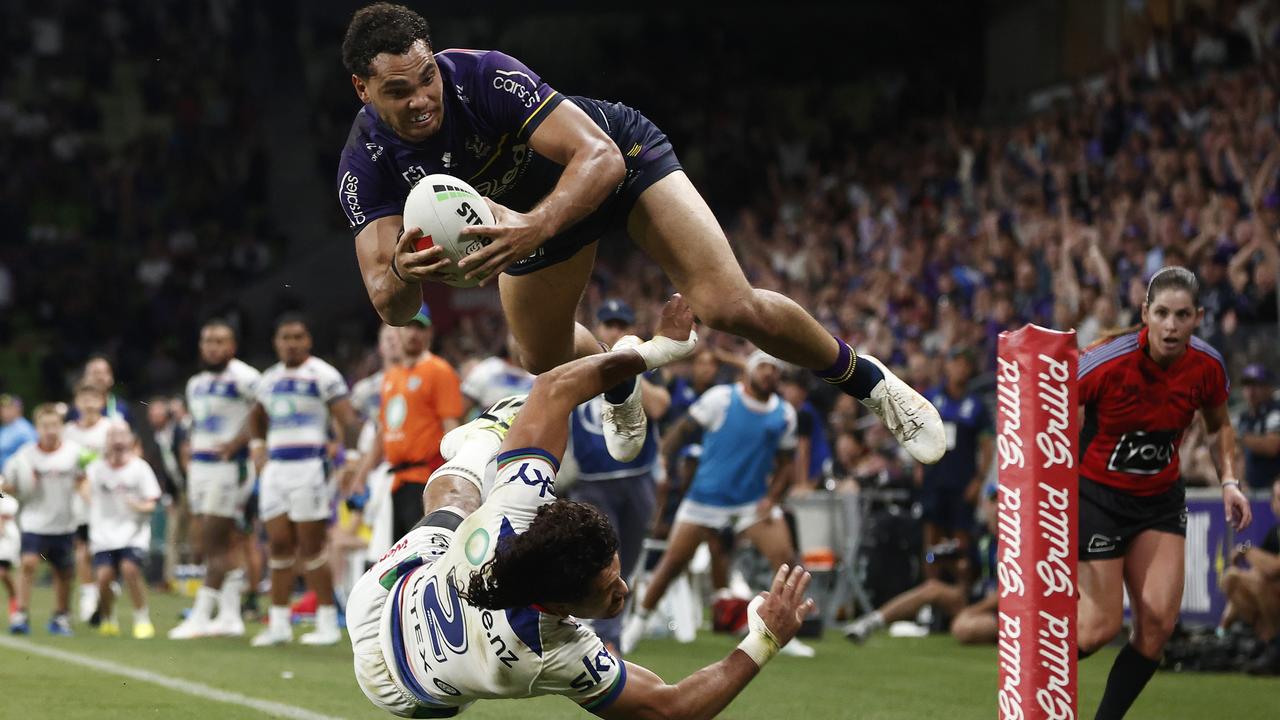 Xavier Coates leaps high to score the matchwinning try. (Photo by Daniel Pockett/Getty Images)