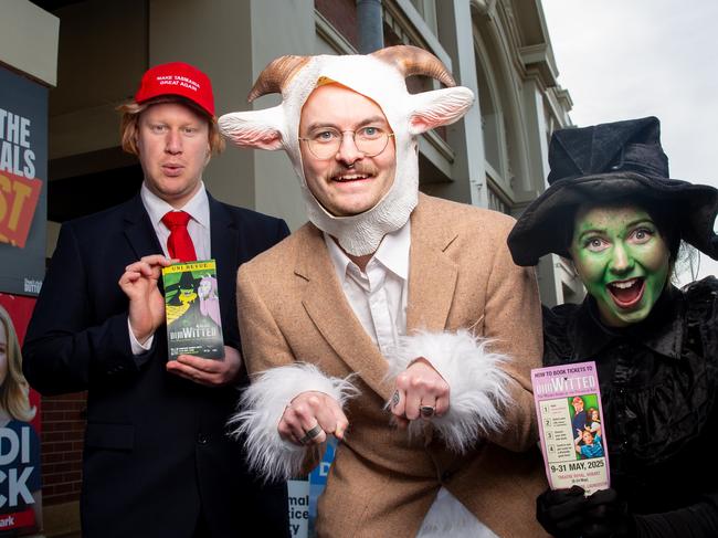Cast members from Uni Revue, Thomas Taylor, Nat Kerruish, and Melanie Shoobridge at Hobart City Hall on polling day.Picture: Linda Higginson
