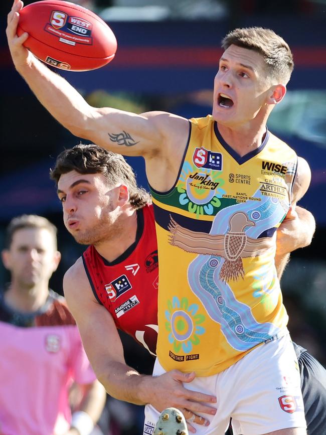 Luke Thompson in action against Norwood in Round 8 this season. Picture: David Mariuz/SANFL