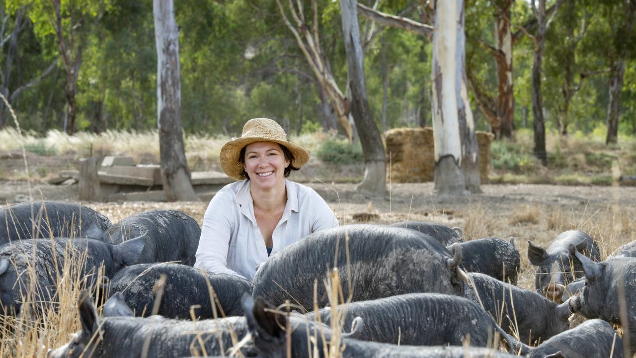Free-range pig and chicken farmer Lauren Mathers on her Bundarra Berkshires property at Barham. Picture: Zoe Phillips