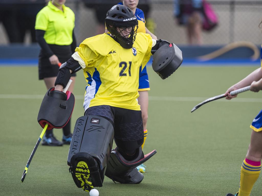 Kate Acworth of Toowoomba 2 makes a save against Townsville in Hockey Queensland Championships at Clyde Park, Saturday, May 1, 2021. Picture: Kevin Farmer