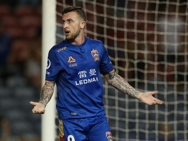 NEWCASTLE, AUSTRALIA - DECEMBER 30: Roy O'Donovan of the Newcastle Jets reacts to a decision during the round 10 A-League match between the Newcastle Jets and Adelaide United at McDonald Jones Stadium on December 30, 2018 in Newcastle, Australia. (Photo by Ashley Feder/Getty Images)