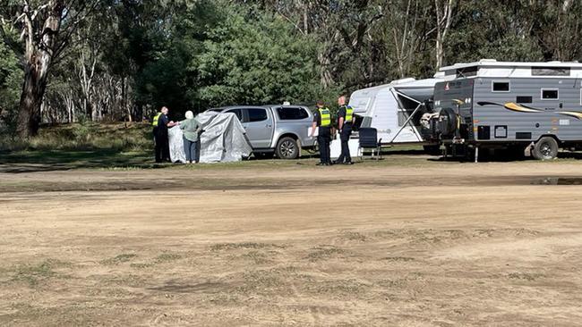 Police at the Yarrawonga campground crime scene. Picture: Brayden May