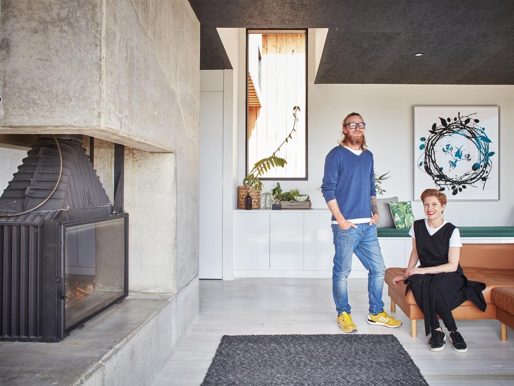 Matt and Eloise Collins in their incredible Tasmanian home. Picture: Foxtel/Grand Designs Australia