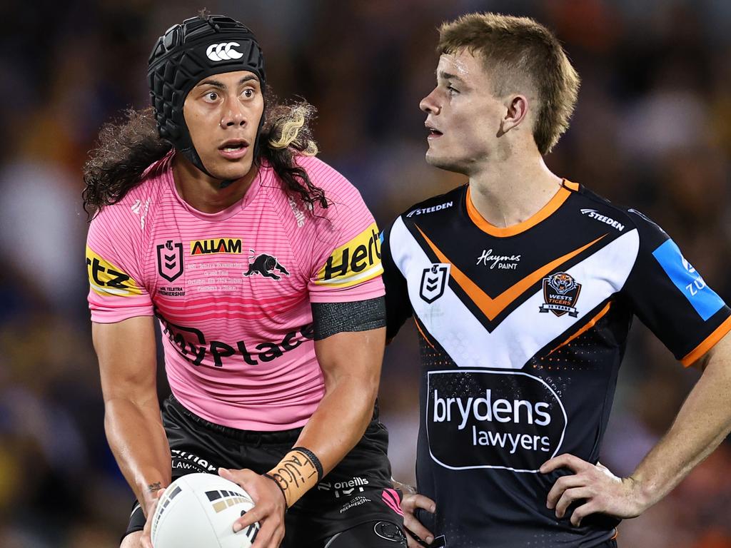 Lachlan Galvin (right) will return to Tigers training in early November but won’t link up with his new halves partner Jarome Luai (left) until late December.