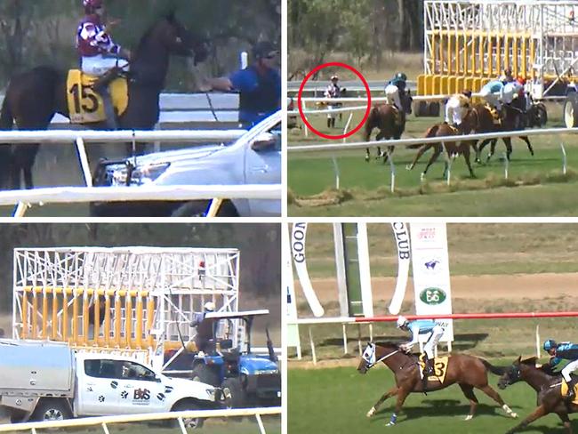 Jockey Zoe Hunt on Governor General (top left) holds up her hand in bewilderment after the field is allowed to jump without her horse in the barriers. Top right: Hunt (circled) watches as the field is eased down after finishing the race, which was won by Basil's Bow (bottom right). Pictures: YouTube