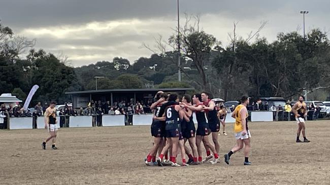 Mt Eliza players celebrate their win over Frankston YCW on Saturday.