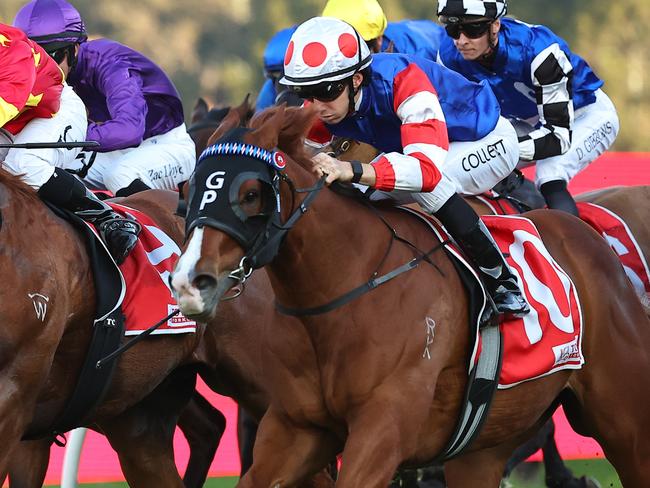 SYDNEY, AUSTRALIA - SEPTEMBER 14: Jason Collett riding Encap   wins Race 9 Toyota Forklifts Theo Marks Stakes during Sydney Racing at Rosehill Gardens on September 14, 2024 in Sydney, Australia. (Photo by Jeremy Ng/Getty Images)