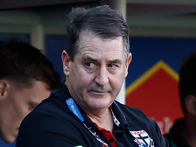 LAUNCESTON, AUSTRALIA - MAY 11: Ross Lyon, Senior Coach of the Saints looks dejected after a loss during the 2024 AFL Round 09 match between the Hawthorn Hawks and the St Kilda Saints at UTAS Stadium on May 11, 2024 in Launceston, Australia. (Photo by Michael Willson/AFL Photos via Getty Images)