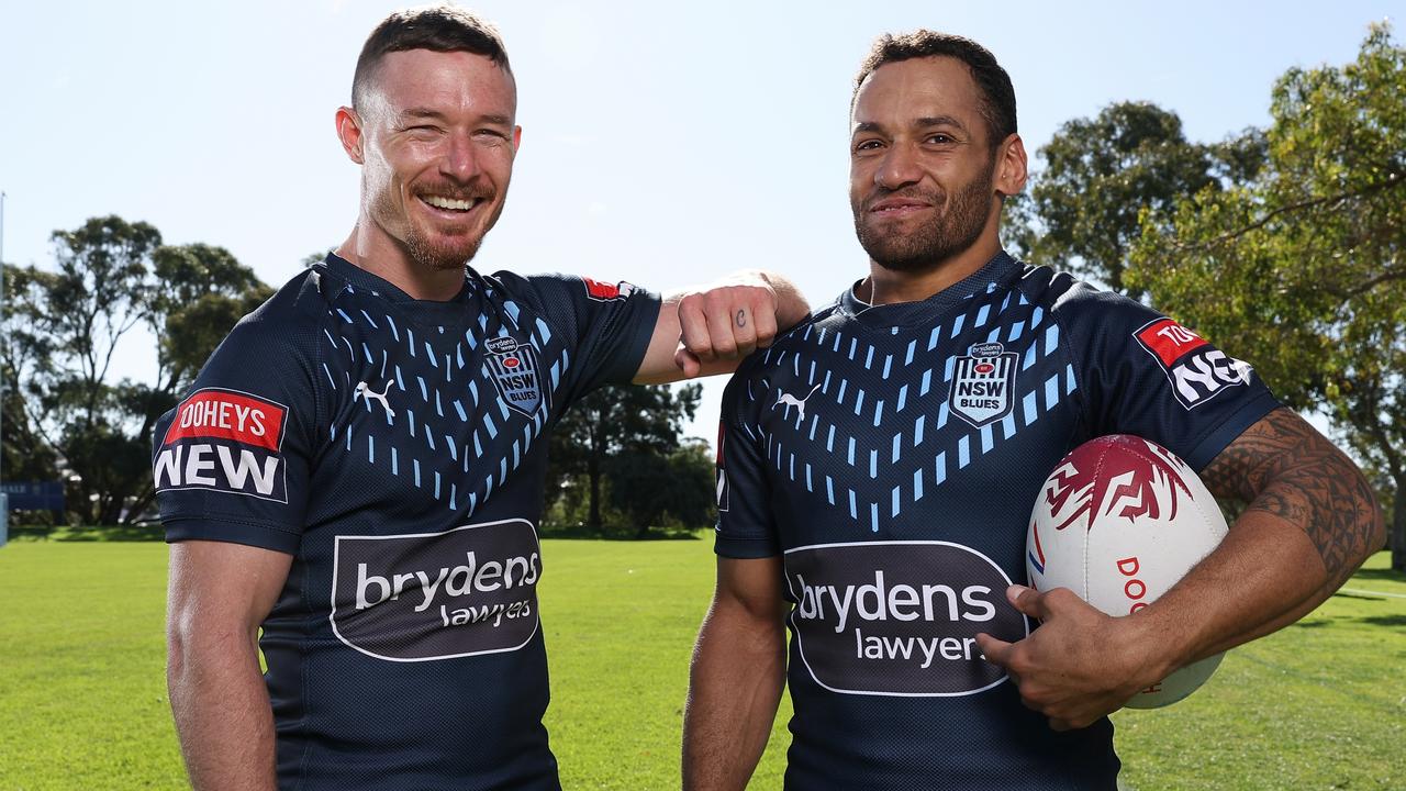 Embargoed for Friday 24 June 2022 Must speak to Nicola Amoros on the DT picture Desk. Damian Cook and Apisai Koroisau in Perth ahead of Sundays second origin match. Picture Paul Kane PERTH, AUSTRALIA - JUNE 21: Damien Cook and Apisai Koroisau pose during a New South Wales Blues State of Origin training session at Hale School on June 21, 2022 in Perth, Australia. (Photo by Paul Kane/Getty Images)