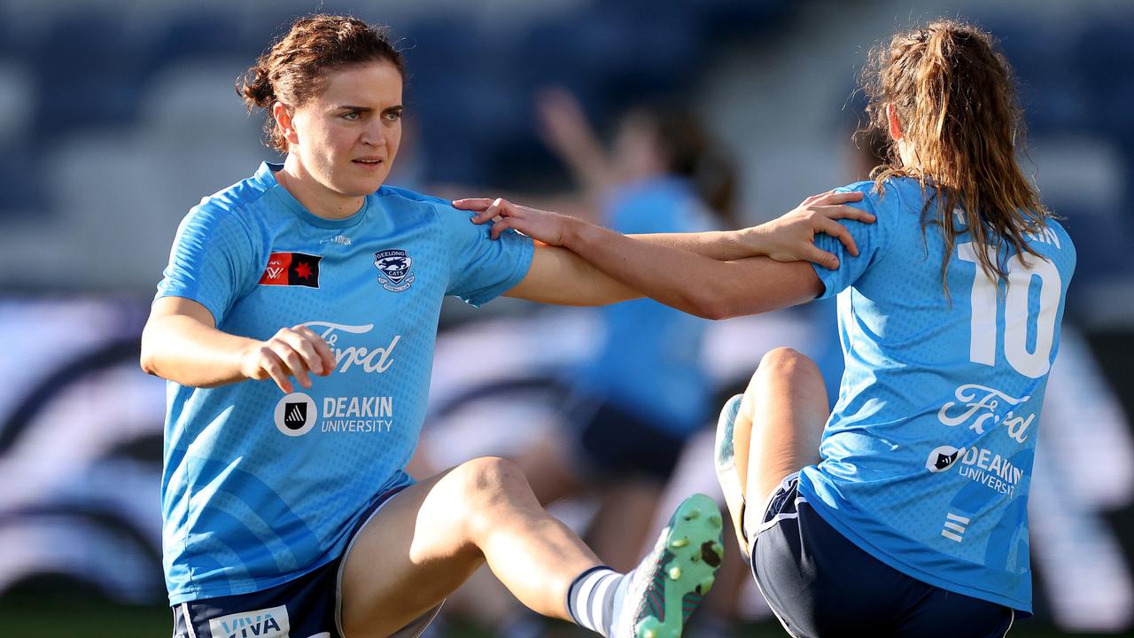 Meghan McDonald warms up ahead of Geelong’s final home-and-away match against Adelaide. Picture: Kelly Defina/Getty Images